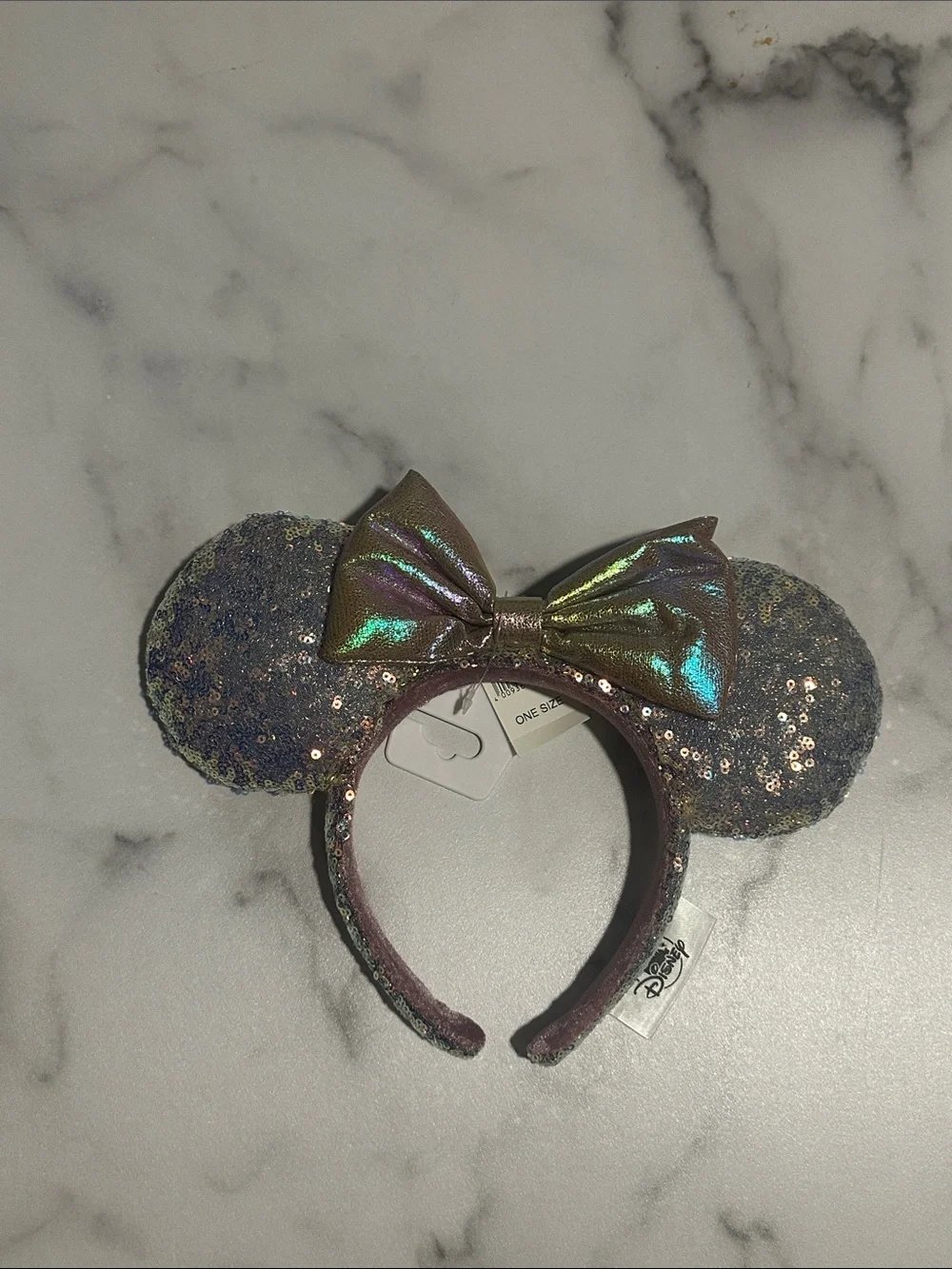 Disney Iridescent Sequin Mouse Ear Headband with Shimmer Bow - Pink/Purple